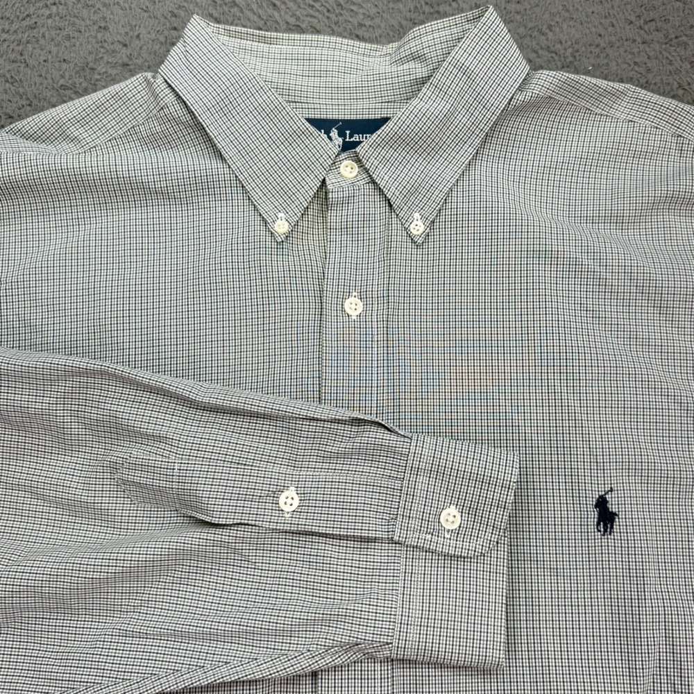 Ralph Lauren Mens 2XLT Tall Button Down Shirt Navy White Micro Check Cotton Logo